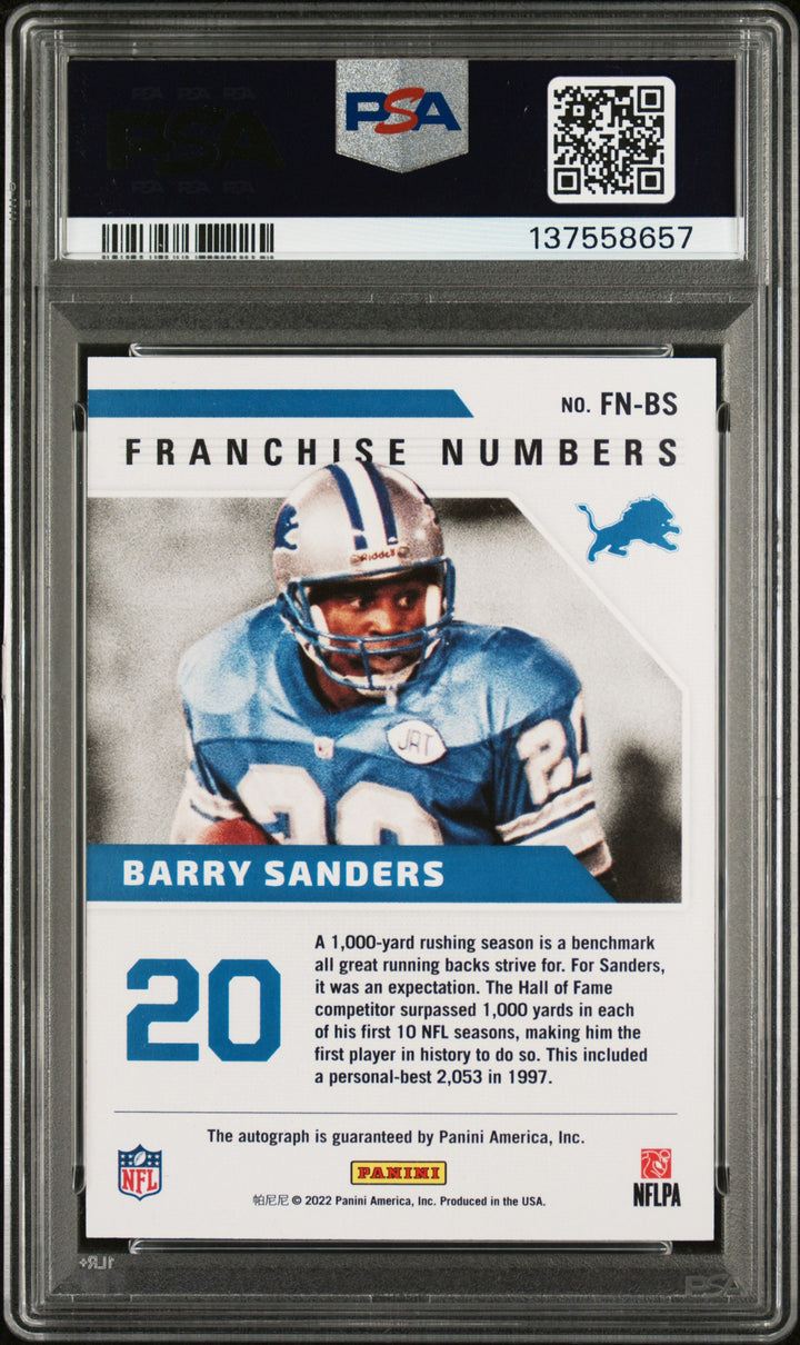 2022 Panini Certified Franchise Numbers Autogragphs Barry Sanders PSA 8, Auto 10