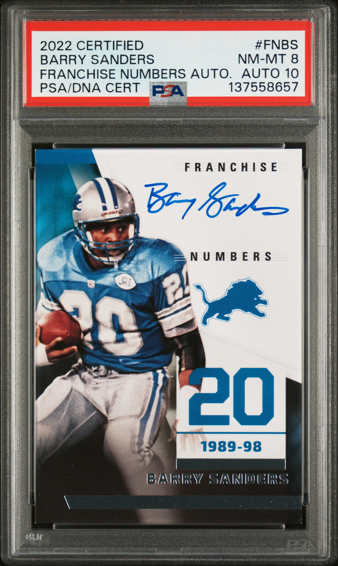 2022 Panini Certified Franchise Numbers Autogragphs Barry Sanders PSA 8, Auto 10