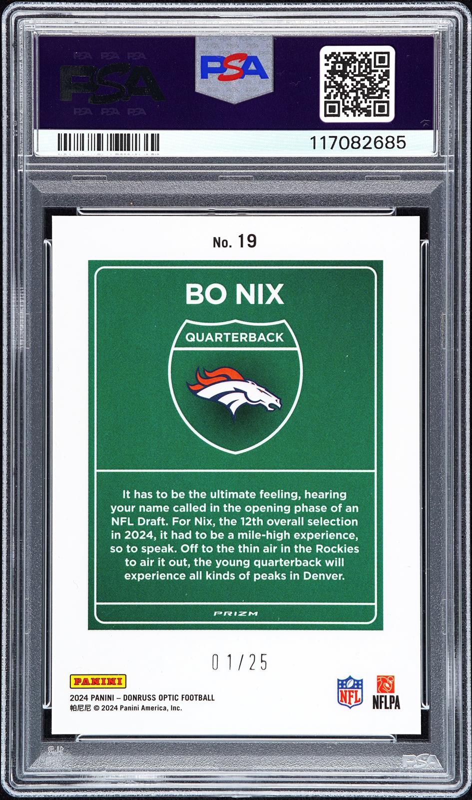 2024 Panini Donruss Optic Downtown! #19 Bo Nix Downtown!-Black Pandora PSA 10