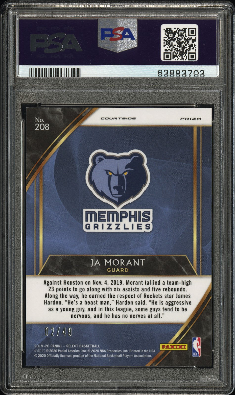 2019 Panini Select #208 Ja Morant Red Disco Prizm PSA 10 RC /25