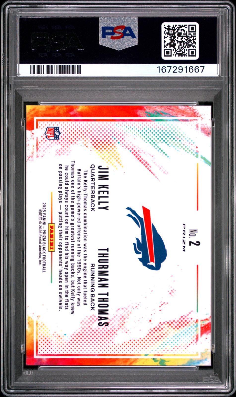 2025 Panini Prizm Black Color Blast Duals #2 Jim Kelly Thurman Thomas PSA 10
