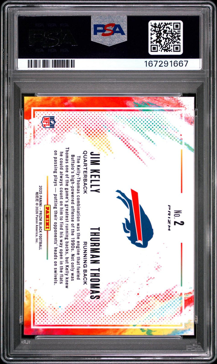 2025 Panini Prizm Black Color Blast Duals #2 Jim Kelly Thurman Thomas PSA 10