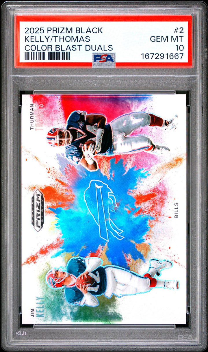 2025 Panini Prizm Black Color Blast Duals #2 Jim Kelly Thurman Thomas PSA 10