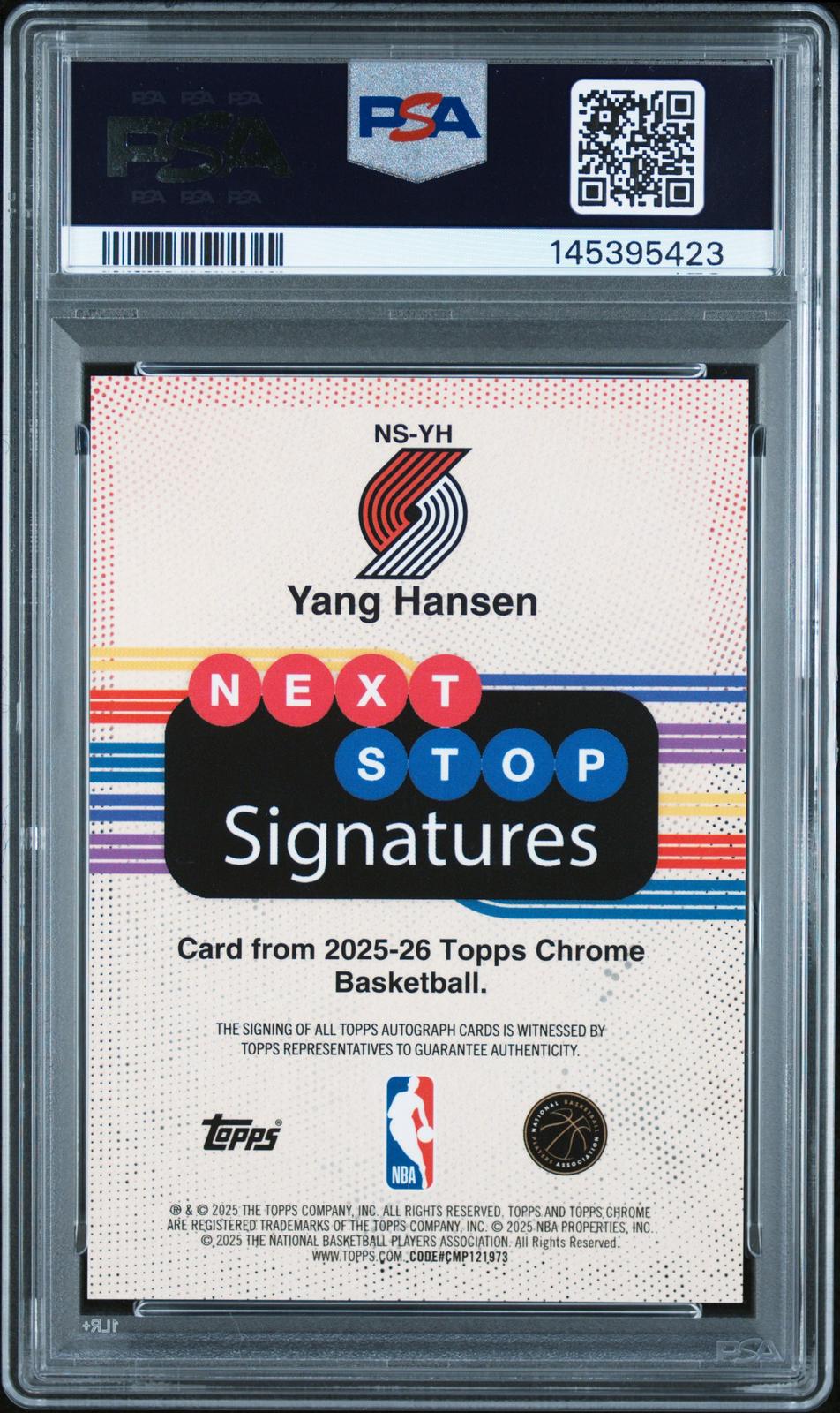 2025 Topps Chrome Next Stop Signatures Yang Hansen Orange Refractor PSA 10,10