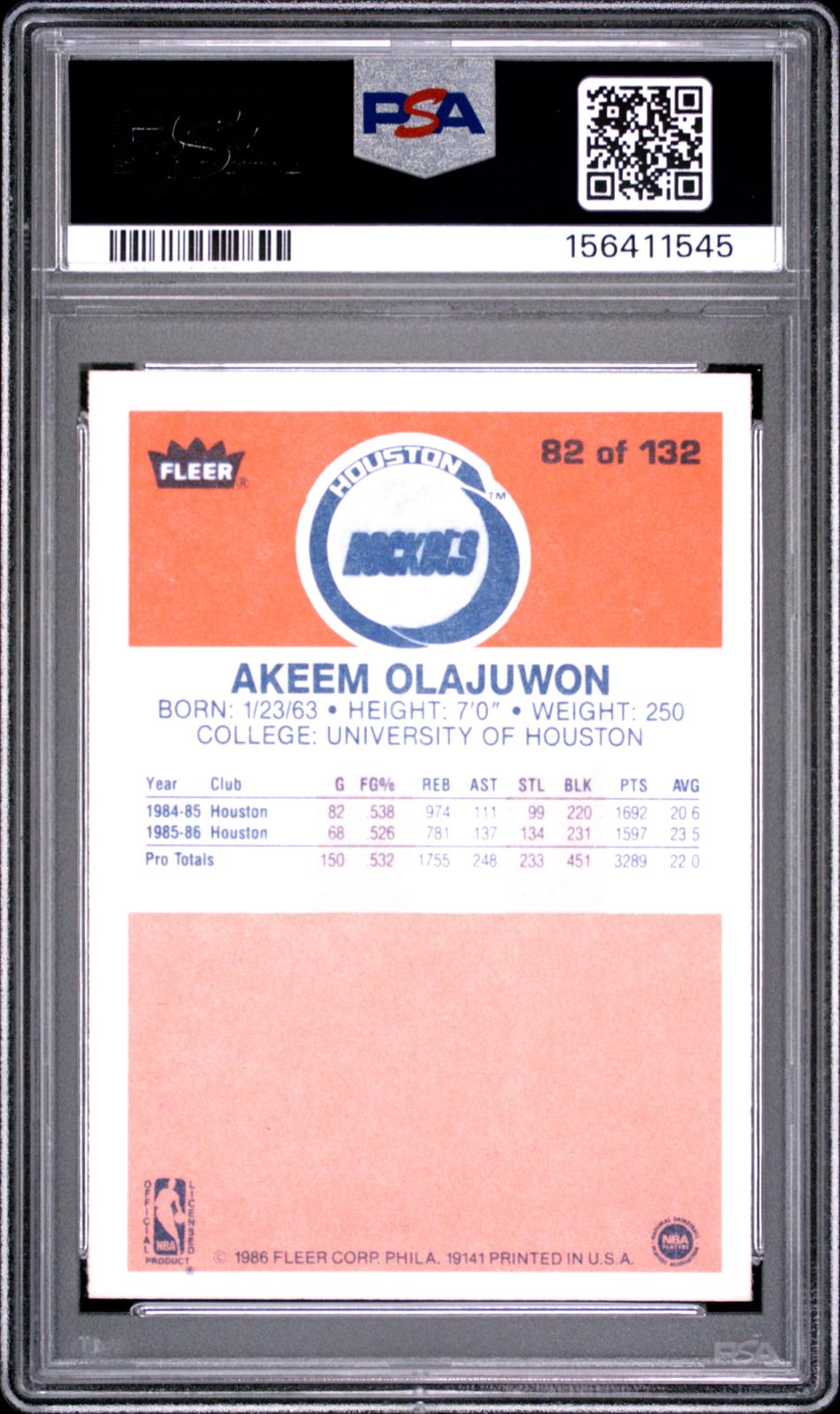1986-87 Fleer #82 Akeem Olajuwon PSA 8