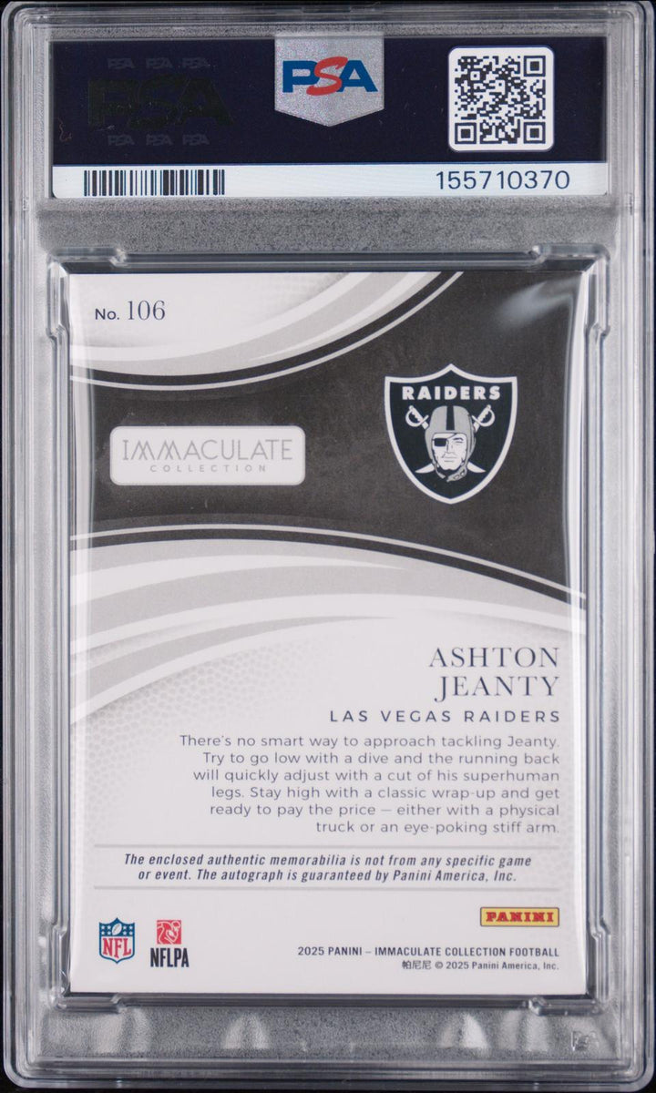 2025 Immaculate Collection Ashton Jeanty Patch Auto-Emerald /25 PSA Auto 10